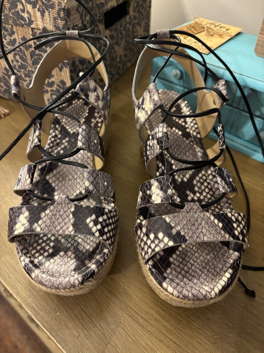 Michael Kors Snake-Print Lace-Up Espadrille Wedge Sandals - Gray Sz 6